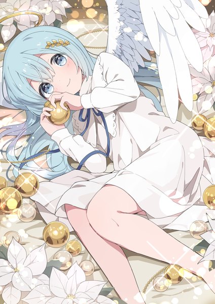 Anime picture 2000x2828 with original mochigome (ununquadium) single long hair tall image looking at viewer highres blue eyes smile blue hair lying long sleeves on side christmas angel wings angel girl dress flower (flowers) wings
