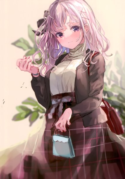 Anime picture 2097x3011 with original puracotte single long hair tall image looking at viewer blush fringe highres simple background standing purple eyes holding silver hair long sleeves nail polish fingernails blurry scan plaid skirt