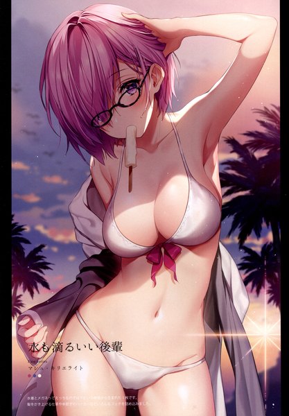 Anime-Bild 3208x4619 mit fate (series) fate/grand order mash kyrielight mash kyrielight (swimsuit of perpetual summer) necomi (gussan) single tall image looking at viewer blush fringe highres short hair breasts light erotic large breasts standing bare shoulders holding signed pink hair