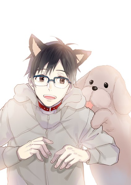 Anime picture 849x1200 with yuri!!! on ice mappa katsuki yuuri makkachin hash (artist) single tall image short hair open mouth black hair simple background white background brown eyes animal ears looking away upper body ahoge fake animal ears halloween boy