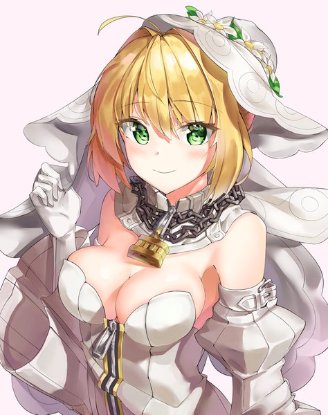 Anime picture 3500x4425 with fate (series) fate/extra fate/extra ccc nero claudius (fate) nero claudius (bride) (fate) kuse (0201) single tall image looking at viewer blush fringe highres short hair breasts light erotic simple background blonde hair hair between eyes large breasts standing