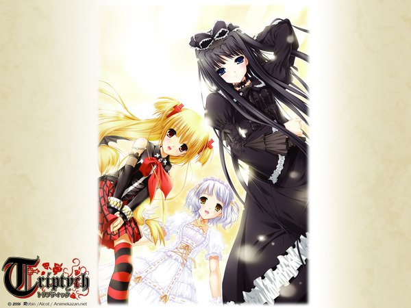 Anime picture 1600x1200 with triptych alcot maya (triptych) karen (triptych) miu (triptych) nimura yuuji long hair looking at viewer fringe short hair open mouth blue eyes black hair blonde hair red eyes multiple girls yellow eyes white hair blunt bangs :d
