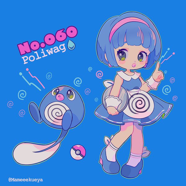 Anime picture 1024x1024 with pokemon nintendo poliwag mameeekueya single short hair simple background standing green eyes signed blue hair full body character names twitter username lipstick blue background pink lipstick gen 1 pokemon personification blush stickers