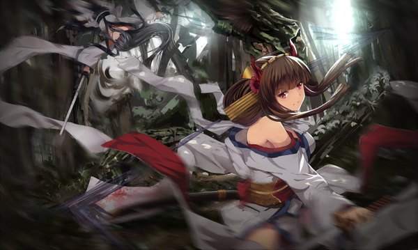 Anime picture 1400x838 with original pixiv fantasia pixiv fantasia t white crow long hair black hair red eyes brown hair wide image multiple girls traditional clothes japanese clothes horn (horns) battle girl hair ornament weapon 2 girls plant (plants) sword