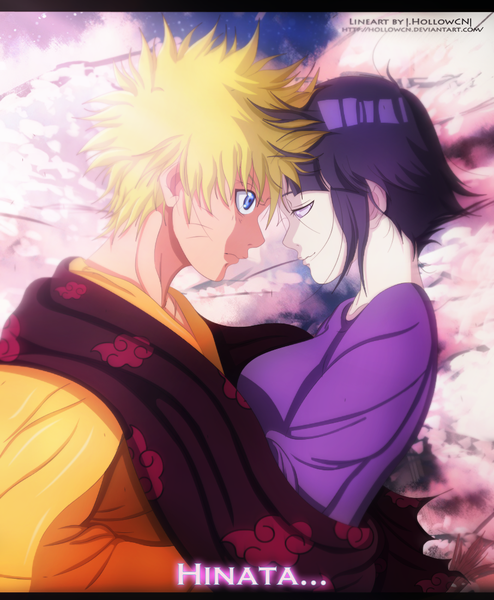 Anime picture 906x1100 with naruto studio pierrot naruto (series) uzumaki naruto hyuuga hinata nuclearagent tall image short hair blue eyes blonde hair smile purple hair traditional clothes japanese clothes profile pink eyes inscription coloring cherry blossoms facial mark