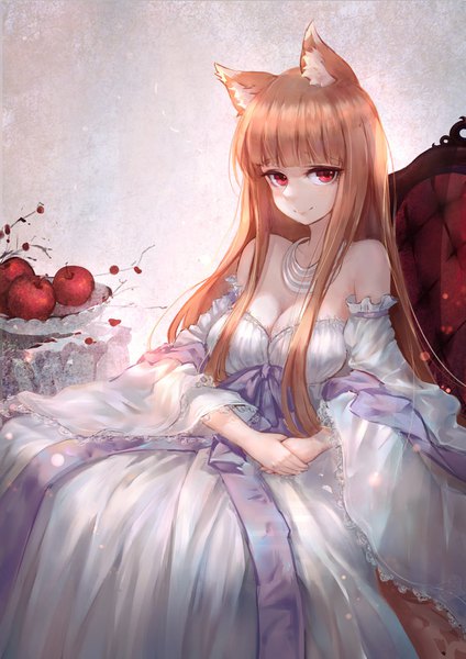 Anime-Bild 620x877 mit spice and wolf horo xing single long hair tall image looking at viewer fringe smile red eyes brown hair sitting bare shoulders animal ears cleavage blunt bangs wide sleeves hands clasped wolf ears wolf girl