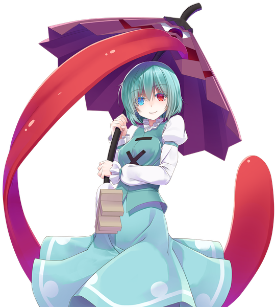 Anime picture 1510x1680 with touhou tatara kogasa crote single tall image looking at viewer short hair smile blue hair heterochromia transparent background girl dress tongue umbrella