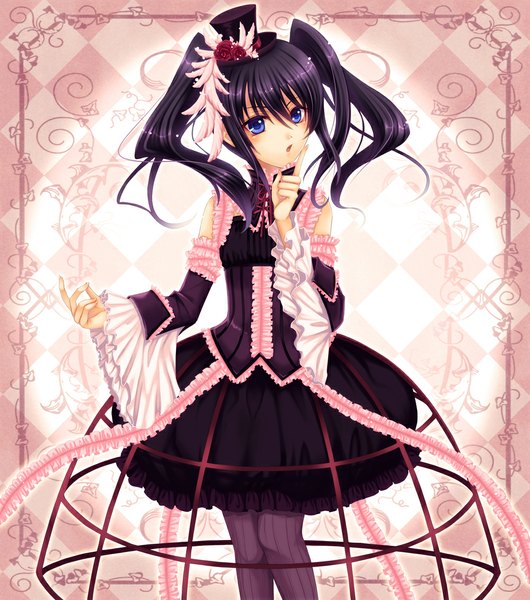 Anime picture 1000x1131 with original yume kikaku single long hair tall image open mouth blue eyes black hair twintails girl dress flower (flowers) hat detached sleeves frills rose (roses)
