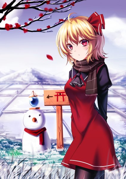 Anime picture 1748x2480 with touhou rumia koissa single tall image looking at viewer fringe highres short hair breasts blonde hair hair between eyes red eyes standing ahoge outdoors long sleeves blurry depth of field alternate costume
