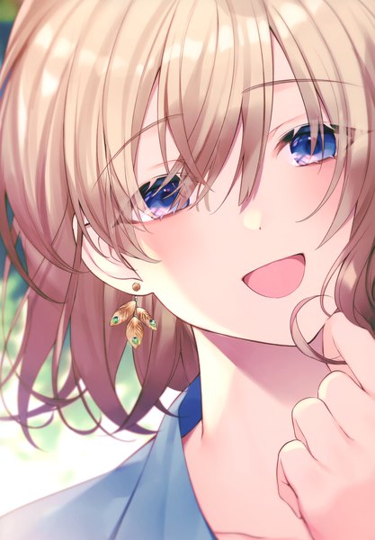 Anime picture 2099x3017 with original achiki single tall image looking at viewer blush fringe highres short hair open mouth blue eyes blonde hair smile hair between eyes head tilt :d scan face girl earrings