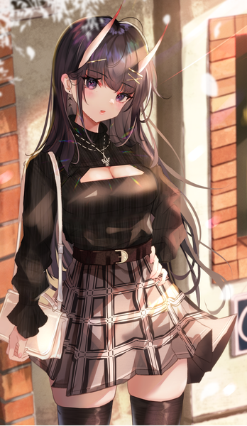 Anime picture 1334x2300 with azur lane noshiro (azur lane) panipo2501 single long hair tall image looking at viewer blush fringe breasts open mouth black hair standing purple eyes payot cleavage outdoors blunt bangs long sleeves head tilt