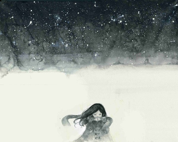 Anime picture 2575x2053 with original moriegg single highres black hair wind looking down snowing winter snow weightlessness cold girl scarf star (stars)