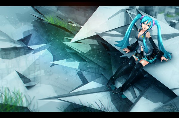 Anime picture 1600x1060 with vocaloid hatsune miku goodend (artist) single long hair open mouth sitting twintails aqua eyes aqua hair girl thighhighs black thighhighs detached sleeves miniskirt necktie