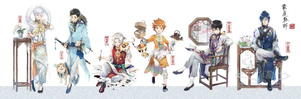 Anime picture 4657x1548 with katekyou hitman reborn sawada tsunayoshi hibari kyouya rokudo mukuro gokudera hayato yamamoto takeshi reborn byakuran ekita xuan looking at viewer fringe highres short hair open mouth blue eyes black hair hair between eyes red eyes brown hair wide image