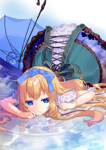 Anime picture 707x1000 with original nyori single long hair tall image looking at viewer fringe blue eyes blonde hair sky cloud (clouds) lying wet reflection wet clothes on stomach lacing lolita fashion wet shirt doll joints