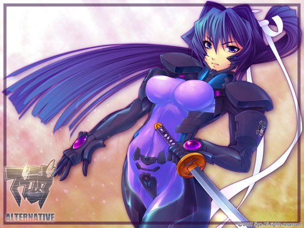 Anime picture 1600x1200 with muv-luv mitsurugi meiya long hair looking at viewer breasts blue eyes light erotic large breasts skin tight sword katana