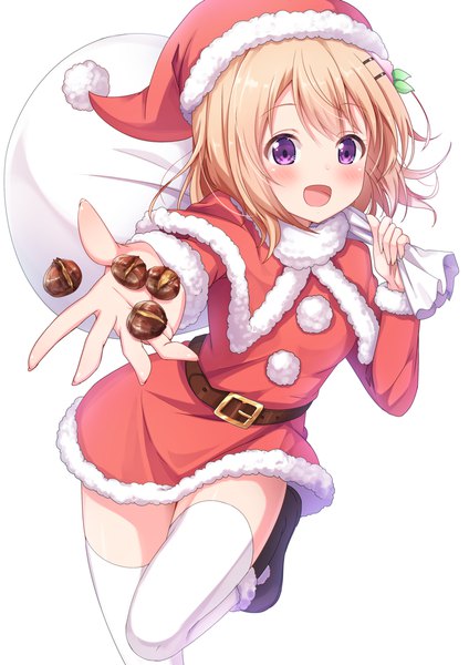 Anime picture 780x1103 with gochuumon wa usagi desu ka? white fox hoto cocoa matokechi single tall image blush short hair open mouth simple background blonde hair white background purple eyes bent knee (knees) :d fur trim christmas girl thighhighs hat