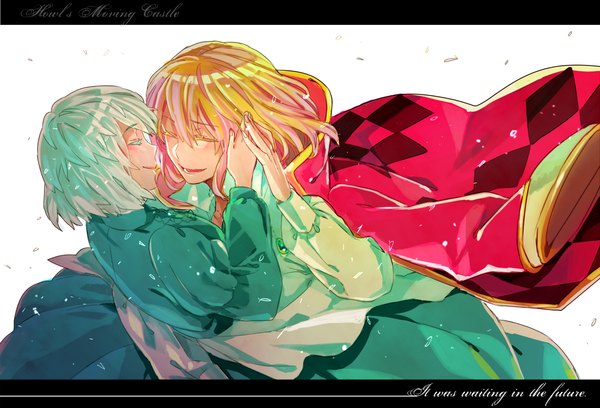 Anime picture 1200x817 with howl's moving castle studio ghibli howl sophie hatter amanen_t blush fringe short hair open mouth simple background blonde hair smile white background silver hair eyes closed fingernails couple hug holding hands happy