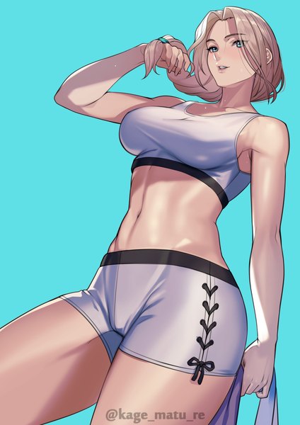 Anime picture 1736x2456 with fitness boxing sophie (fitness boxing) kagematsuri single long hair tall image looking at viewer fringe highres breasts blue eyes light erotic simple background blonde hair large breasts standing bare shoulders holding signed parted lips
