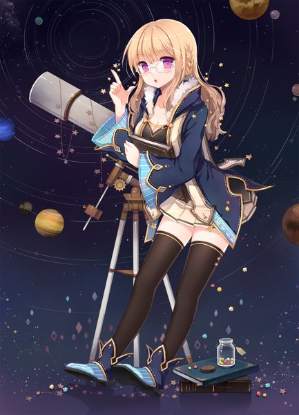 Anime picture 1535x2126 with original diten single long hair tall image looking at viewer open mouth blonde hair purple eyes girl thighhighs skirt black thighhighs glasses jacket book (books) planet telescope