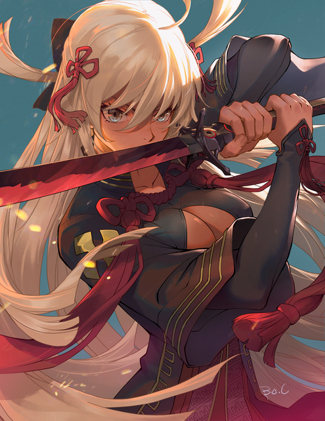 Anime picture 1160x1500 with fate (series) koha-ace okita souji (fate) (all) okita souji alter (fate) big.c single long hair tall image fringe breasts light erotic simple background large breasts holding signed looking away silver hair upper body ahoge white hair