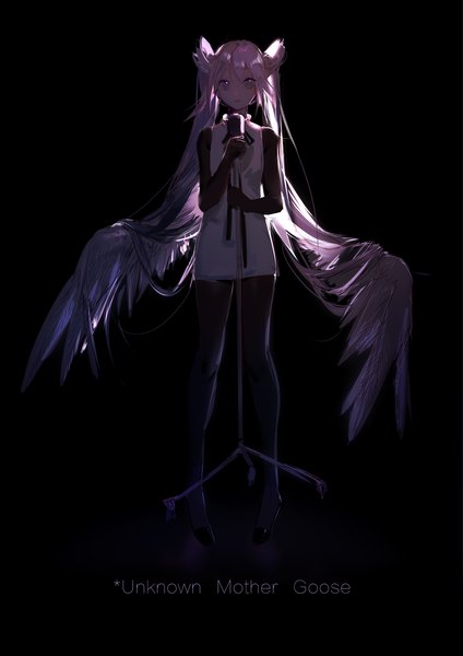 Anime picture 2480x3508 with vocaloid unknown mother goose (vocaloid) hatsune miku yyb single tall image looking at viewer fringe highres simple background hair between eyes twintails pink hair full body very long hair inscription grey eyes black background low wings girl