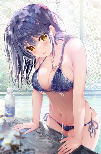 Anime picture 1632x2500 with twinbox school original nanami yuuno sousouman single long hair tall image looking at viewer blush fringe breasts open mouth light erotic hair between eyes large breasts standing signed yellow eyes blue hair outdoors