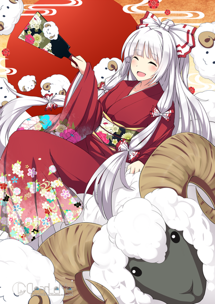 Anime picture 1000x1413 with touhou fujiwara no mokou ugume single long hair tall image blush fringe open mouth smile sitting holding payot ponytail blunt bangs eyes closed traditional clothes japanese clothes wide sleeves arm support