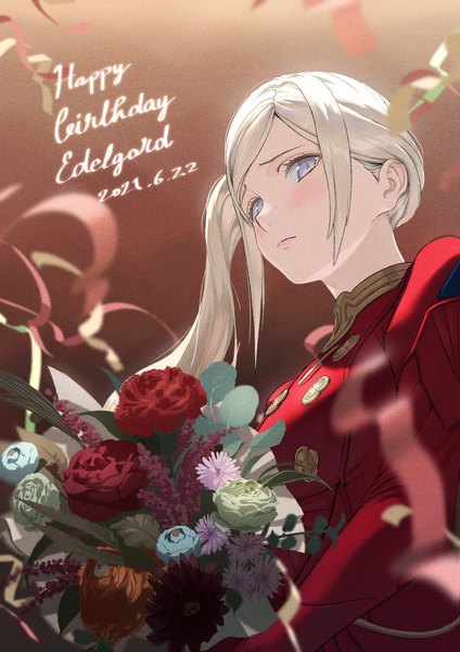 Anime picture 1215x1719 with fire emblem fire emblem: three houses nintendo edelgard von hresvelg mueririko single long hair tall image looking at viewer blush purple eyes holding payot upper body white hair long sleeves embarrassed character names side ponytail dated