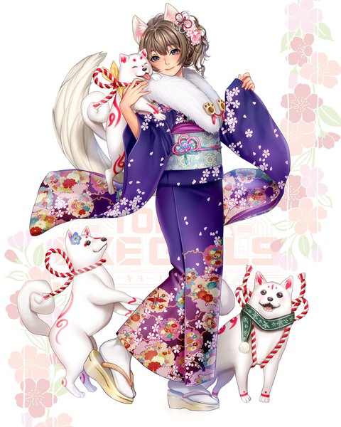 Anime-Bild 1600x2000 mit tokyo exe girls masami chie single tall image looking at viewer blush smile brown hair animal ears tail traditional clothes japanese clothes animal tail hair flower grey eyes copyright name fur trim floral print new year animal on shoulder