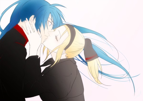 Anime picture 989x700 with d.gray-man kanda yuu alma karma shiduki24 long hair blue eyes blonde hair simple background white background blue hair ponytail eyes closed profile couple face to face kiss surprised hand on cheek hands on face girl