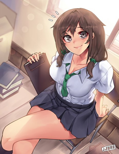 Anime picture 719x931 with idolmaster idolmaster cinderella girls shibuya rin jjune single long hair tall image fringe breasts smile brown hair large breasts twintails holding signed bent knee (knees) indoors pleated skirt from above sunlight