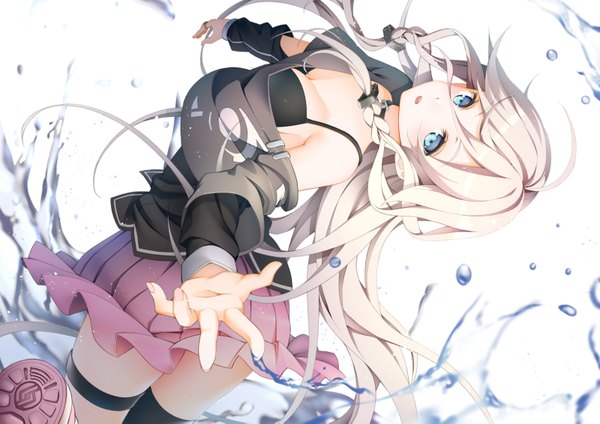 Anime picture 1600x1131 with vocaloid ia (vocaloid) yoshino ryou single long hair looking at viewer breasts open mouth blue eyes light erotic white background white hair braid (braids) girl thighhighs skirt miniskirt water lingerie bra