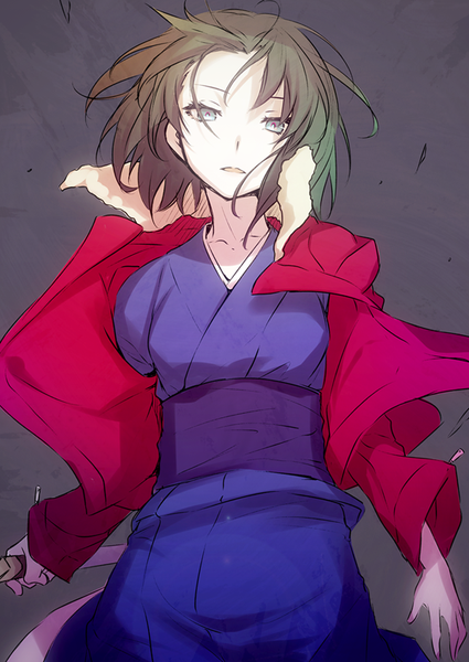 Anime picture 600x847 with fate (series) fate/grand order kara no kyoukai type-moon ryougi shiki nilitsu single tall image looking at viewer short hair open mouth simple background brown hair holding traditional clothes japanese clothes wind grey background open jacket fur trim