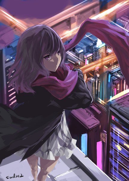Anime picture 1181x1653 with original swd3e2 single long hair tall image looking at viewer standing pink hair pink eyes looking back from above open clothes open jacket city cityscape city lights girl dress jacket white dress