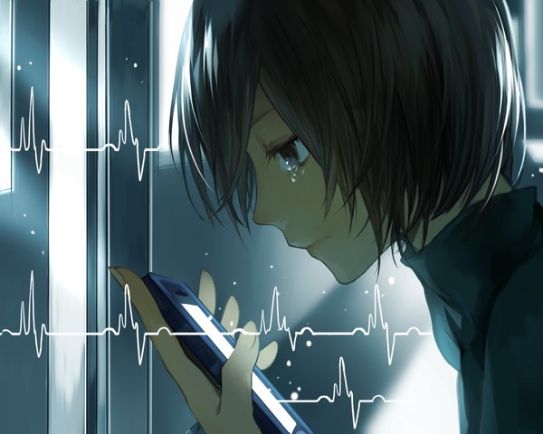 Anime picture 1500x1200 with original tcb (pixiv) single fringe short hair black hair holding profile grey eyes tears close-up crying sad boy teardrop phone