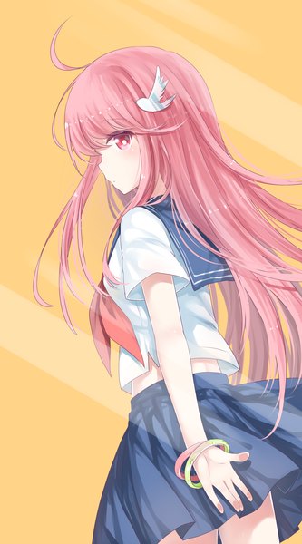 Anime picture 1195x2148 with to aru majutsu no index j.c. staff meigo arisa transistor (poppy) single long hair tall image looking at viewer pink hair profile pink eyes girl uniform hair ornament flower (flowers) serafuku bracelet