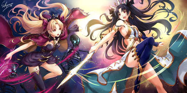 Anime picture 2400x1200 with fate (series) fate/grand order ishtar (fate) ereshkigal (fate) sakiyamama long hair fringe highres breasts open mouth light erotic black hair blonde hair smile red eyes wide image bare shoulders multiple girls holding signed