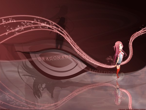 Anime picture 1600x1200 with dragonaut: the resonance gonzo toa uno makoto pyrotechnic long hair looking at viewer breasts red eyes signed pink hair reflection third-party edit silhouette 2007 girl thighhighs eye