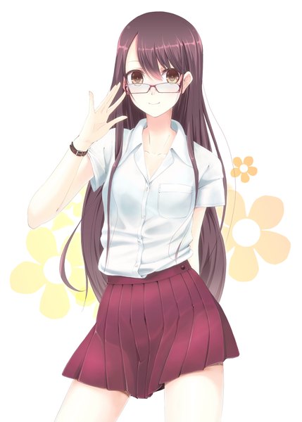 Anime picture 1288x1800 with original couzone single long hair tall image black hair brown eyes pleated skirt girl uniform school uniform glasses