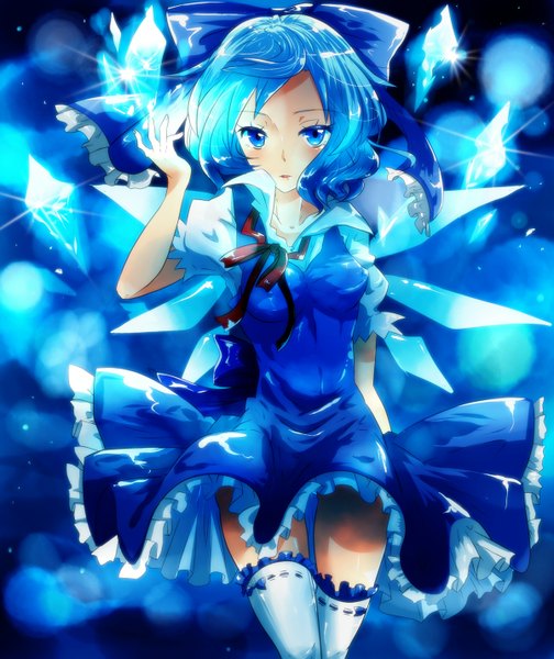 Anime picture 1200x1429 with touhou cirno negiko (artist) single tall image short hair blue eyes blue hair girl thighhighs dress bow hair bow white thighhighs wings crystal