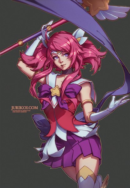 Anime picture 692x1000 with league of legends lux (league of legends) star guardian lux jurikoi single long hair tall image looking at viewer fringe simple background purple eyes pink hair black background girl skirt gloves bow white gloves suit large bow