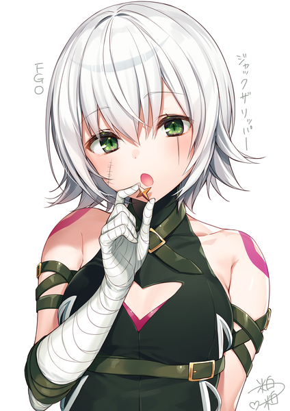 Anime picture 1158x1637 with fate (series) fate/grand order fate/apocrypha jack the ripper (fate/apocrypha) komeshiro kasu single tall image looking at viewer blush fringe short hair open mouth simple background hair between eyes white background green eyes signed upper body white hair head tilt