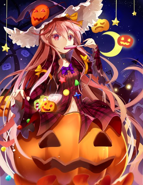 Anime picture 771x1000 with touhou hata no kokoro efe single long hair tall image blush fringe hair between eyes looking away pink hair pink eyes bare belly halloween adapted costume girl dress navel hat food