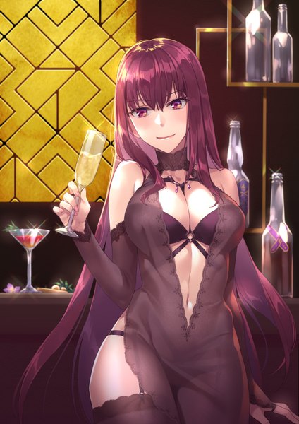 Anime picture 744x1052 with fate (series) fate/grand order scathach (fate) (all) scathach (fate) demmy single long hair tall image looking at viewer blush fringe breasts light erotic smile hair between eyes large breasts standing purple eyes bare shoulders holding