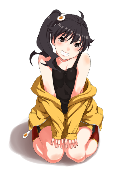 Anime picture 1400x1800 with nisemonogatari shaft (studio) monogatari (series) araragi karen kirisato itsuki single long hair tall image blush black hair ponytail black eyes grin transparent background girl hair ornament