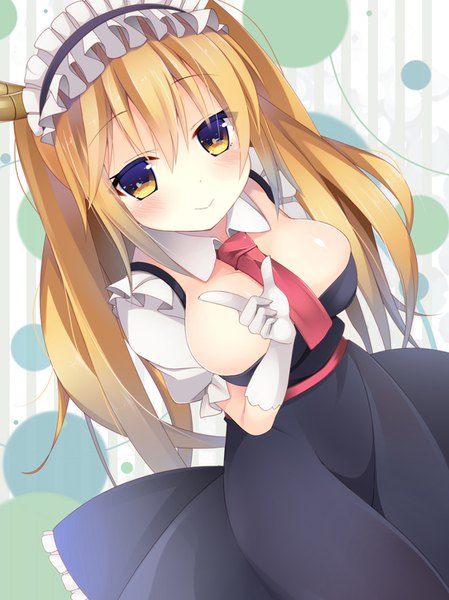 Anime picture 599x800 with kobayashi-san chi no maidragon kyoto animation tooru (maidragon) pokonyan (kuhina0110) single long hair tall image blush fringe breasts light erotic blonde hair smile hair between eyes large breasts twintails yellow eyes cleavage horn (horns) from above