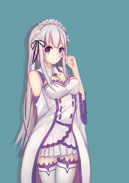 Anime picture 2480x3507 with re:zero kara hajimeru isekai seikatsu white fox emilia (re:zero) dragon xiuluo single long hair tall image highres purple eyes white hair hair flower girl thighhighs dress hair ornament flower (flowers) detached sleeves white thighhighs