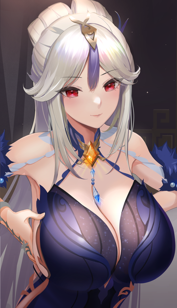 Anime picture 1154x2000 with genshin impact ningguang (genshin impact) ningguang (orchid's evening gown) (genshin impact) nanam (nanam sk) single long hair tall image looking at viewer blush fringe breasts light erotic smile red eyes large breasts standing payot cleavage upper body white hair