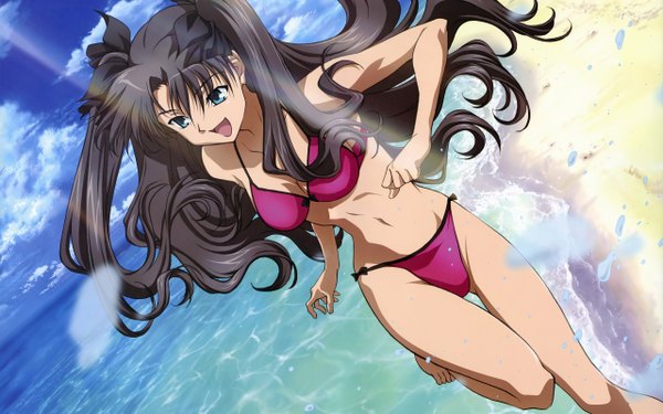 Anime picture 2560x1600 with fate (series) fate/stay night studio deen type-moon toosaka rin long hair highres blue eyes light erotic black hair wide image twintails sky barefoot beach girl ribbon (ribbons) swimsuit bikini water